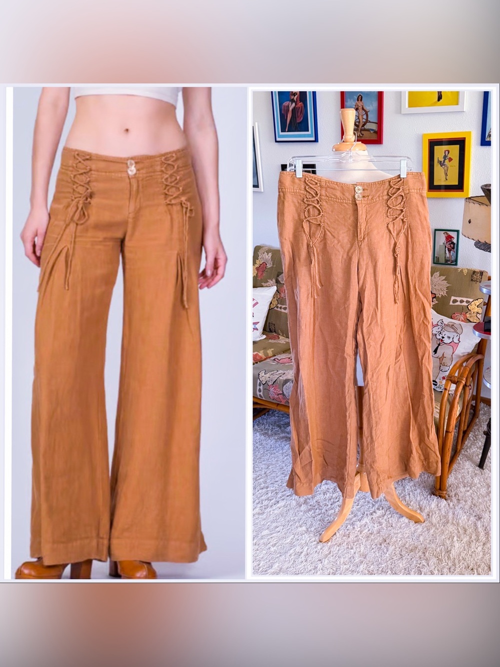 Wide Leg Pants | Elevenses | gold | linen | 10 | S M | Anthropologie | Retro